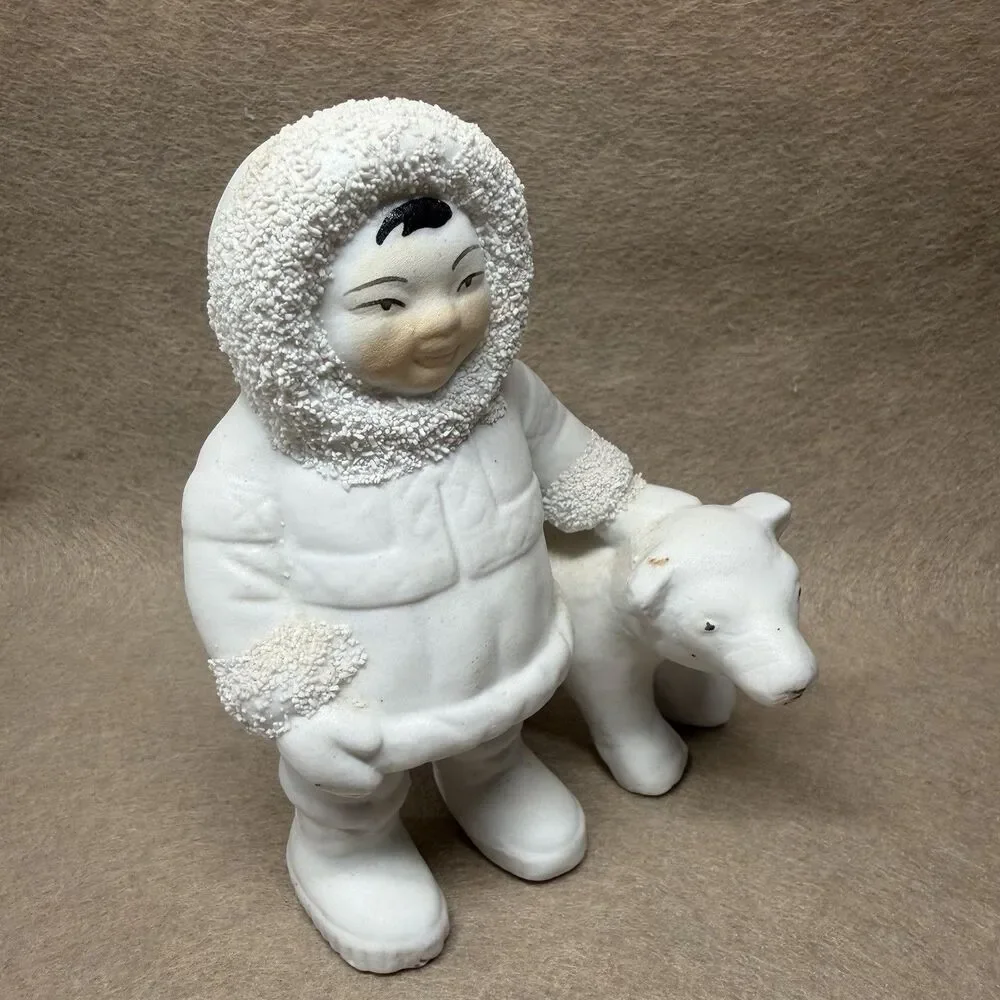 Retro Ceramic Inuit Child with Polar Bear Figurine Statue 5.5